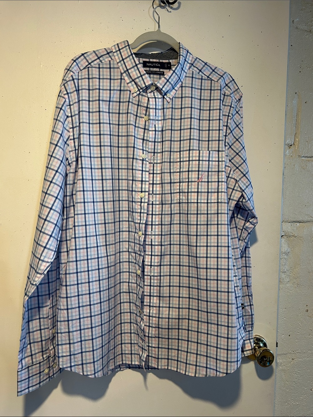 Nautica Men’s Button-Down Plaid Shirt in Blue and Pink